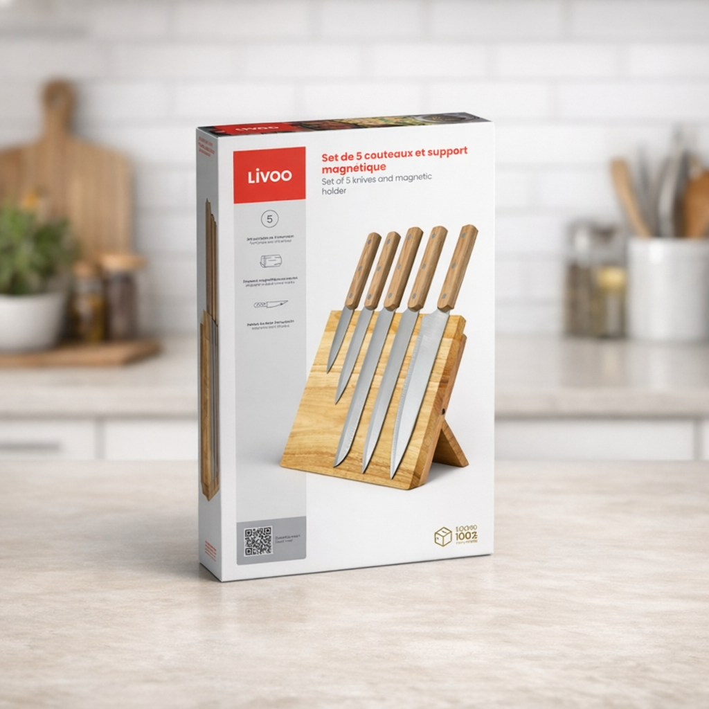 Set Coltelli Livoo in Acciaio Inox – 5 Pezzi con Supporto Magnetico